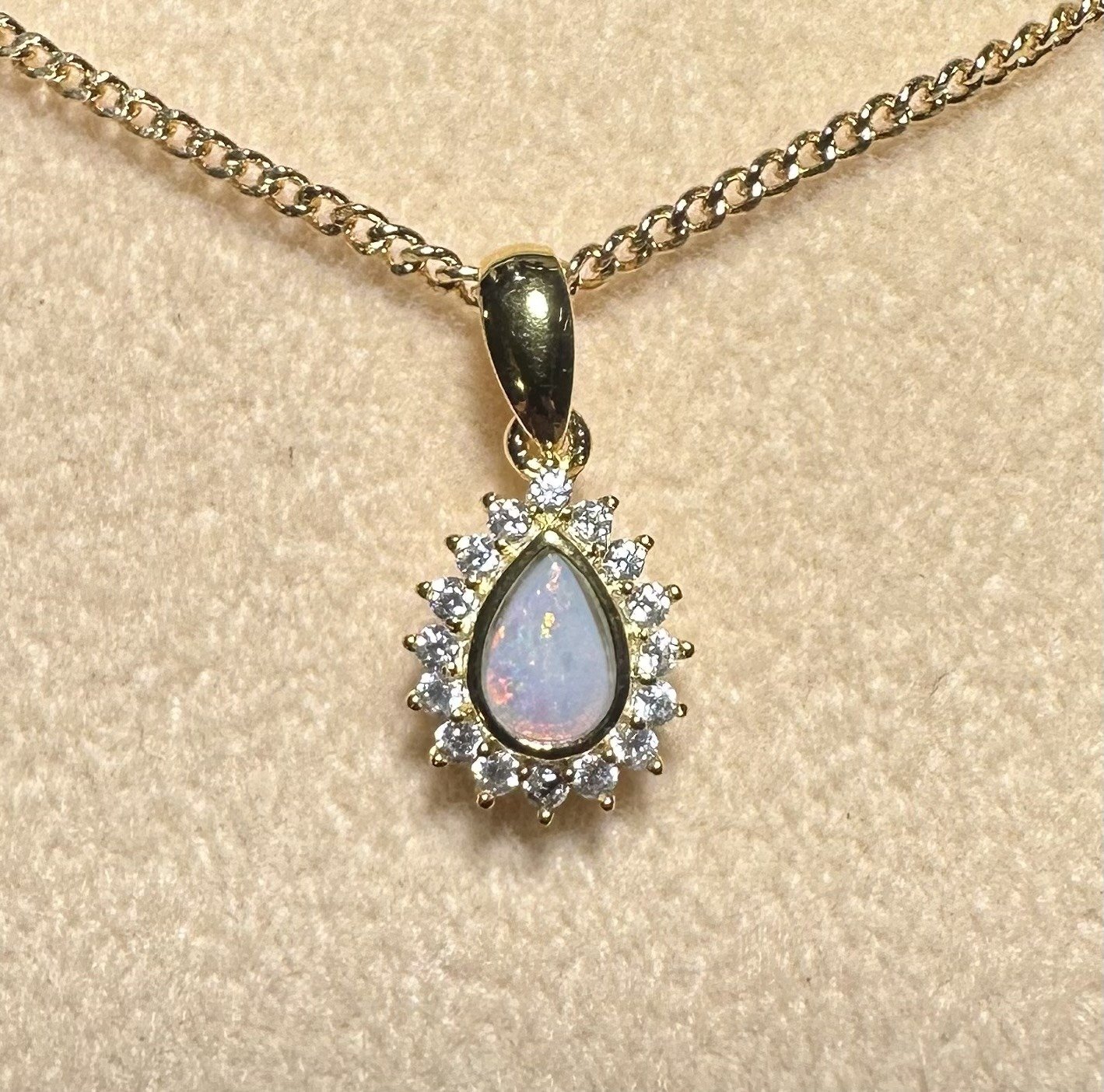 Solid Opal Pear Halo Pendant in Gold Plated Sterling Silver · Style 230