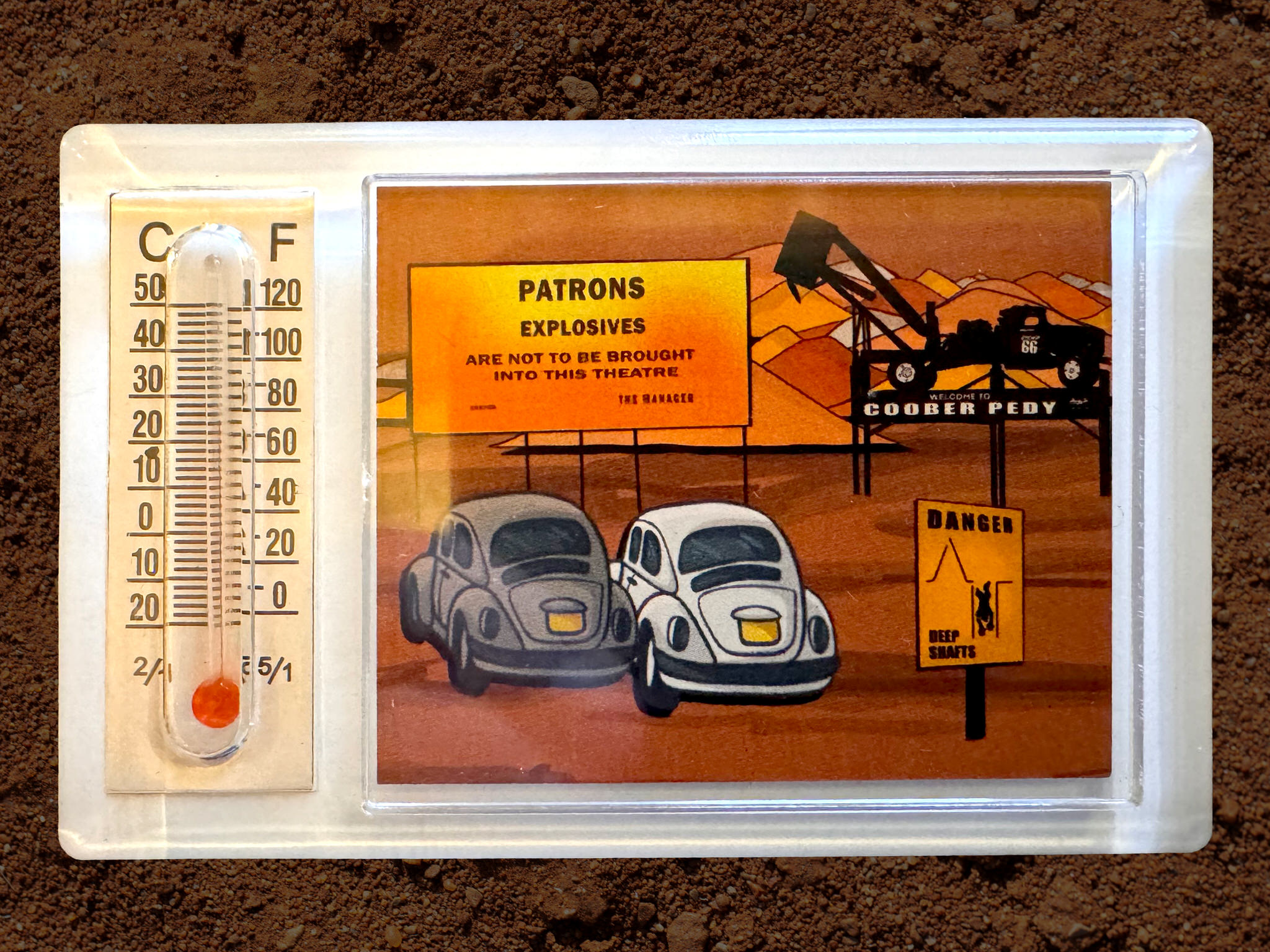 Thermostat Magnet - Coober Pedy Blower, Drive-In Cinema and Deep Shafts Danger Sign (Illustration)